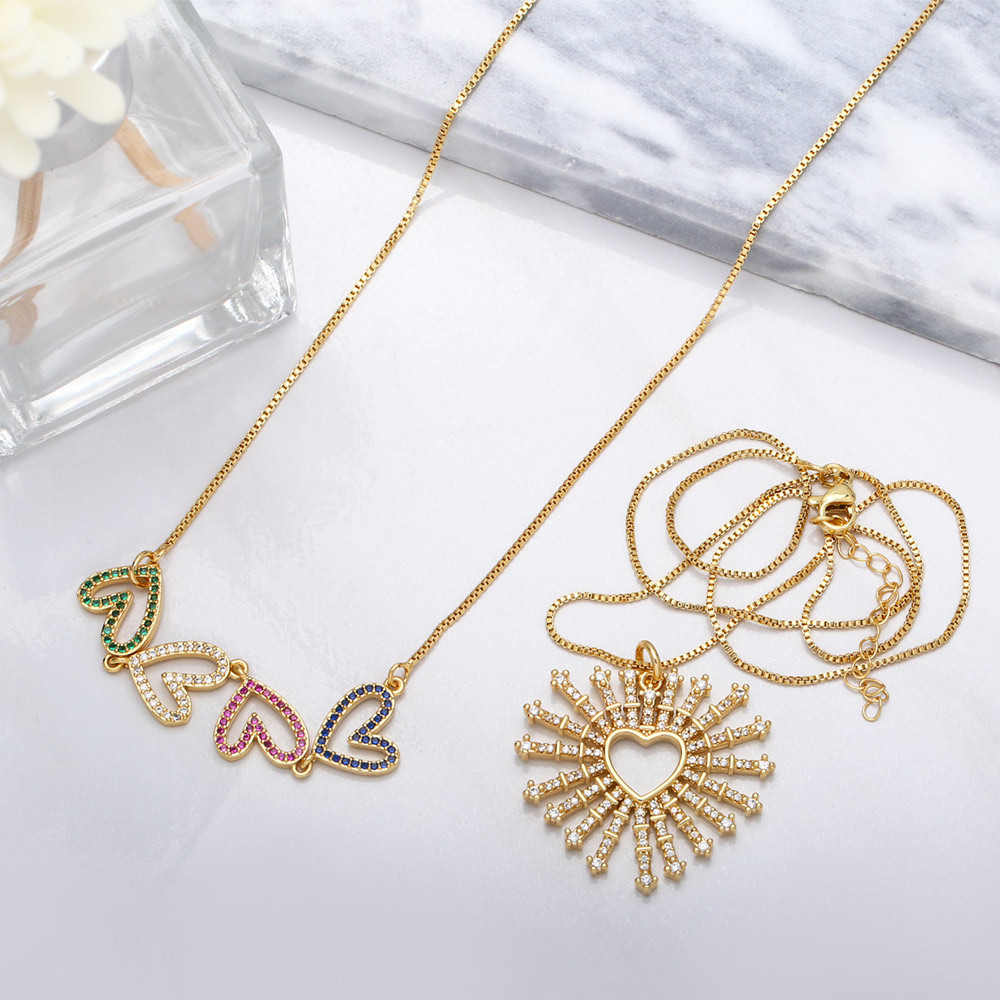 fashion retro colorful zircon heart-shaped pendant copper clavicle chain