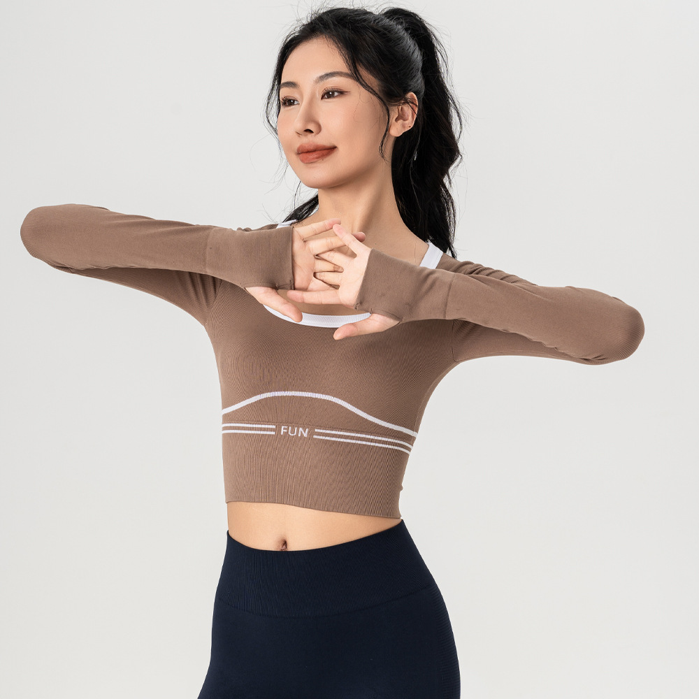 (2개) 가을과 겨울 피트니스 트레이닝 긴팔 콘트라스트 컬러 화이트 에지 고정 컵 러닝 스포츠 요가 상의 여성용 요가복