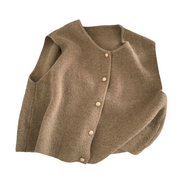 Suave línea de una sola fila de botones de oro de cuello redondo chaleco de punto Cardigan chaleco de hombro de mujer coreana sin mangas chaleco de camisa