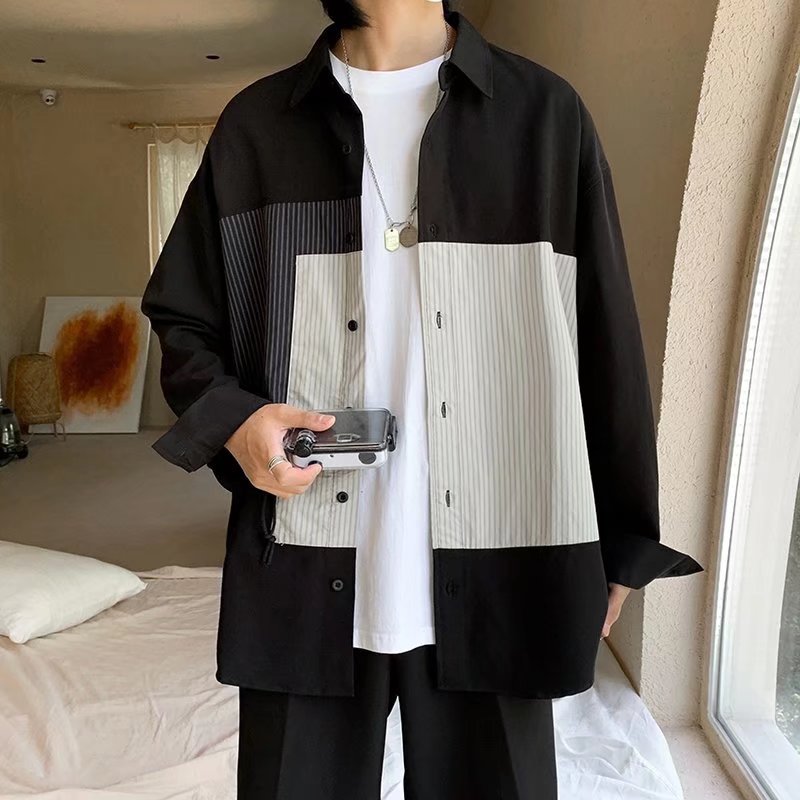 2024 marca de moda camisa de manga larga de color en contraste con costuras estadounidenses para hombres, camisa de herramientas japonesa de solapa informal suelta coreana