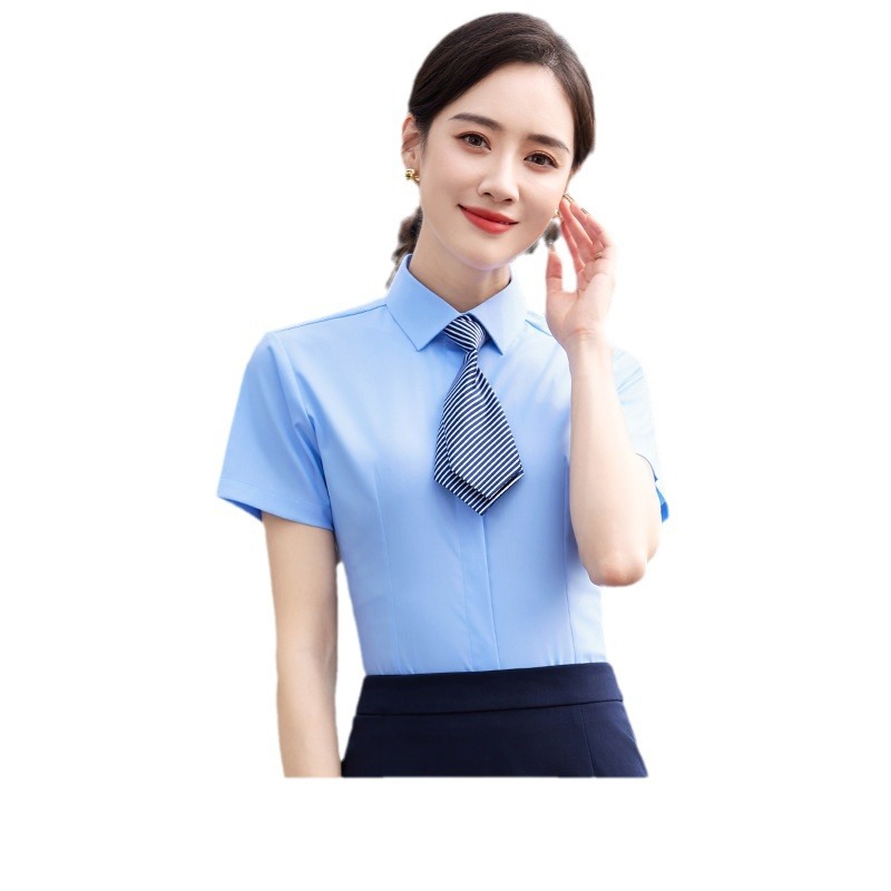 蓝色衬衫女短袖职业装正装工作服修身竹纤维弹力衬衫免烫工艺上衣
