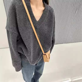 V领毛衣女秋冬季加厚慵懒风廓形宽松中长款羊毛针织衫外穿绒上衣