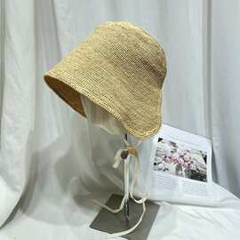 日本设计师款简约拉菲草草帽女夏季海边度假防晒遮阳帽优雅萝莉帽