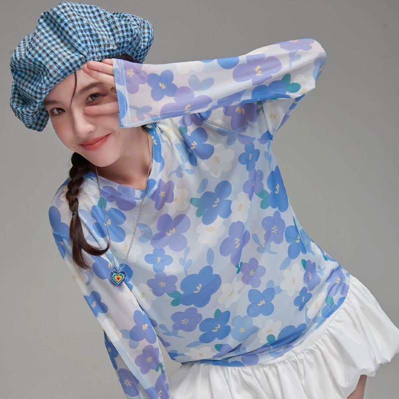 Summer Sunscreen Base Shirt Ice Silk Purple Flower Breathable Inner Long-Sleeved Slim-Fit Slimming T-Shirt Women's Sunscreen Blouse