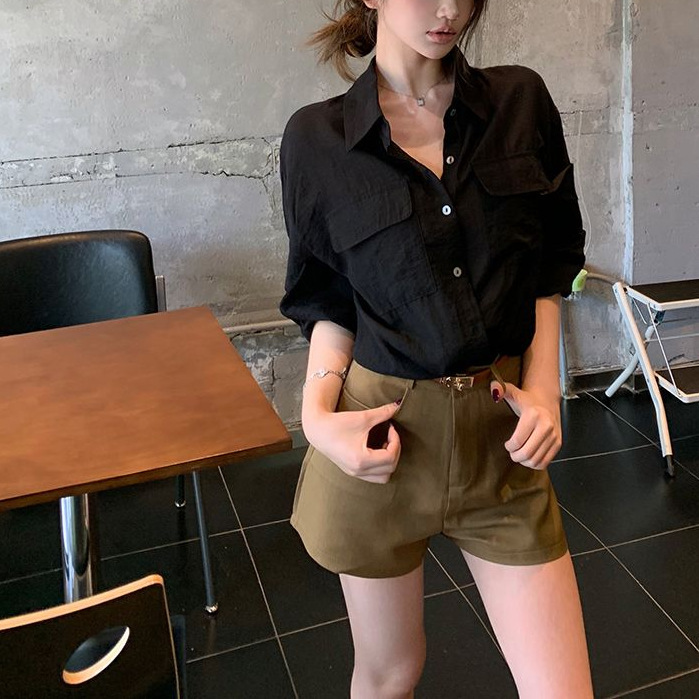 高级感复古宽松长袖衬衫西装阔腿短裤女2025夏季新款时尚套装ins|undefined