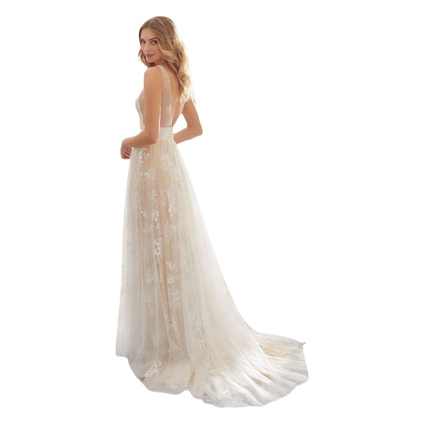 2025 comercio exterior europeo y americano nuevo vestido de novia wish Amazon sexy vestido de novia de encaje sin mangas con cuello en V