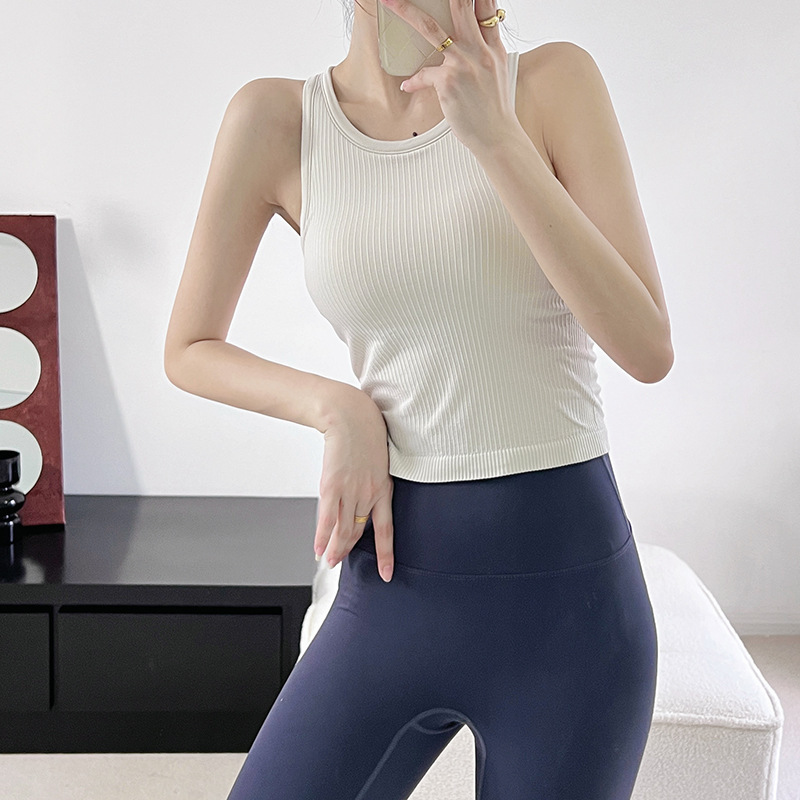 Summer fitness slimming Outerwear underwear women's short sports knitted striped tight vest with chest pad Summer fitness slimming Outerwear underwear women's short sports knitted striped tight vest with chest pad