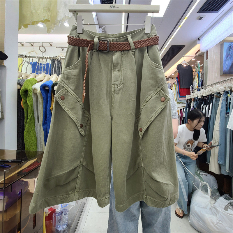 European-Style Plus-Size Workwear-Style Multi-Pocket Denim Cropped Pants for Women, Summer 2026 Casual High-Waisted Straight Wide-Leg Pants