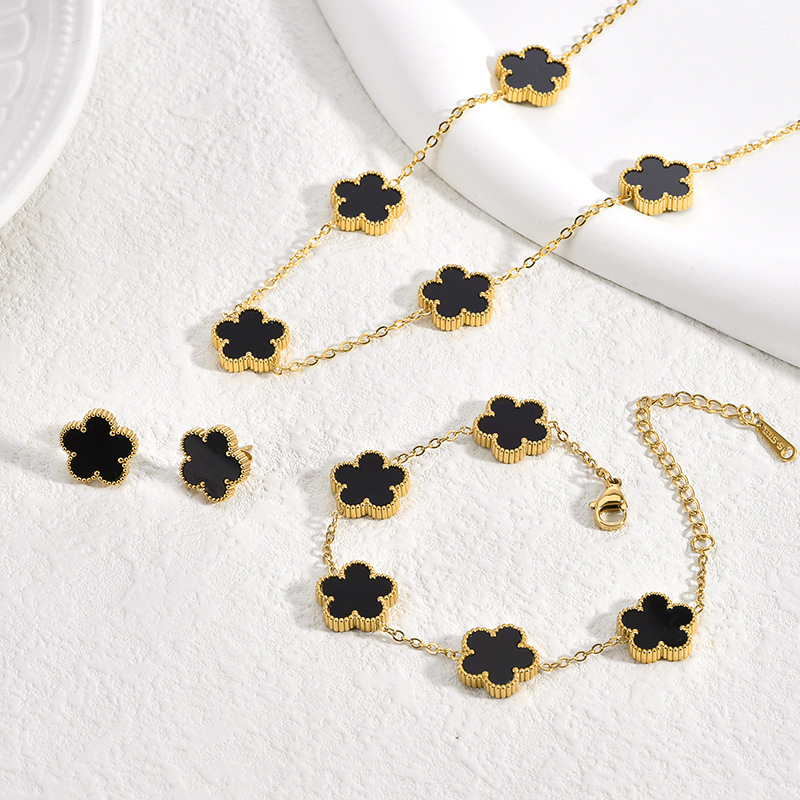 Trébol de cinco hojas de la suerte nuevo estilo transfronterizo pulsera de acero de titanio de doble cara, collar, aretes, moda de nicho de 18K, no se desvanece