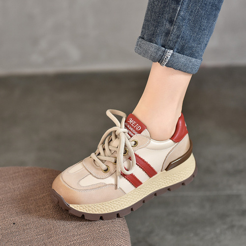 Women's Retro Design Sports Shoes, Low-Top, Versatile Casual Shoes, 2024 Spring New Arrival Genuine Leather Medium Heel Trendy Shoes