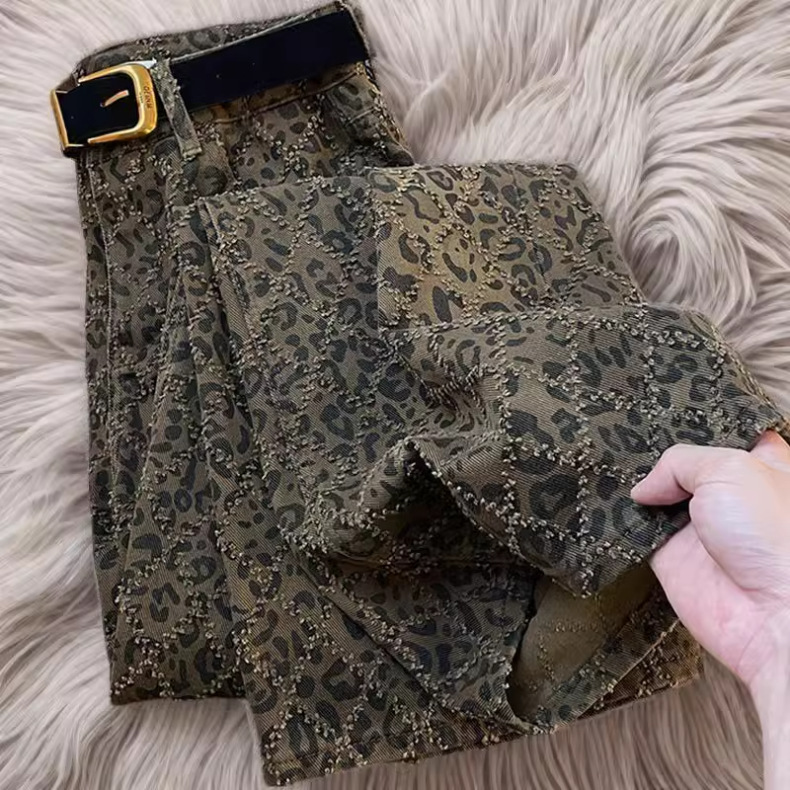 Dames jeans hoge taille luipaardprint rechte denim broek stretch_voghion.com