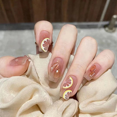 Drill money wear nail art nude orange lemon cheek red summer sweet fresh nail art set wholesale 24 pieces false nails
