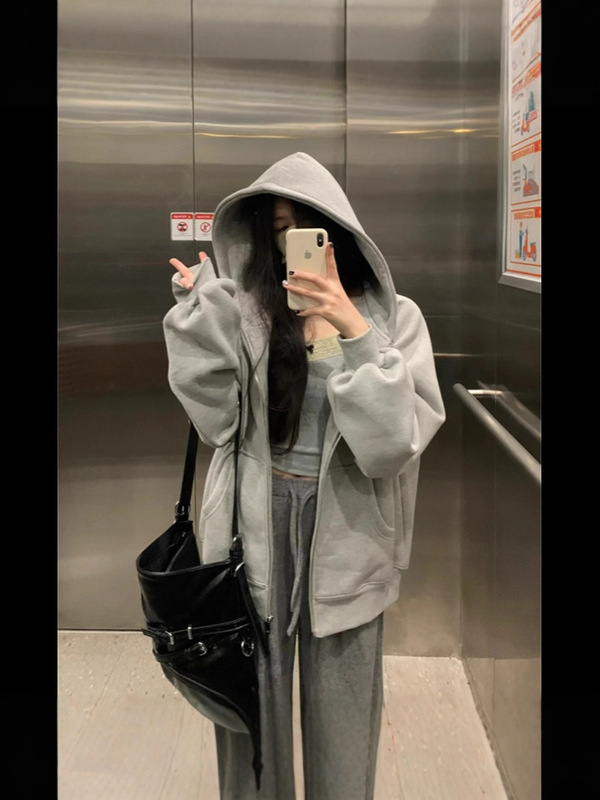 灰色连帽开衫卫衣女拉链休闲宽松oversize慵懒风外套秋冬季|undefined
