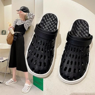 夏季包头拖鞋女情侣凉拖鞋简约镂空室外防滑沙滩鞋居家用软底舒适|ru