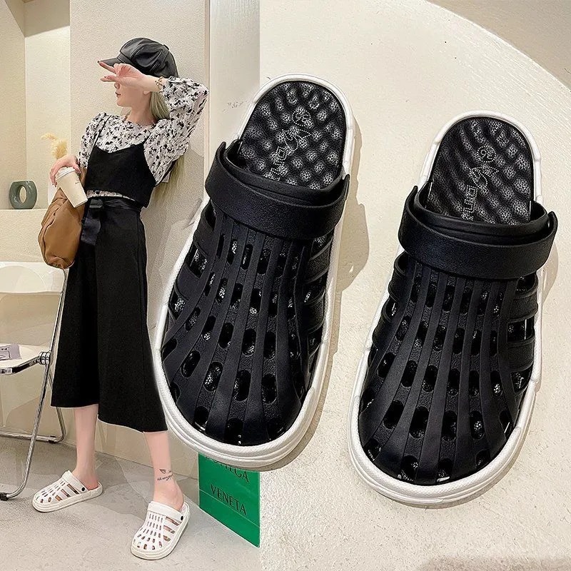夏季包头拖鞋女情侣凉拖鞋简约镂空室外防滑沙滩鞋居家用软底舒适|ru