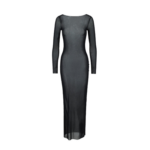2025 European and American Style Summer Sexy Women's Bodysuit Sheer Mesh Off-the-Shoulder Long-Sleeve Long Dress