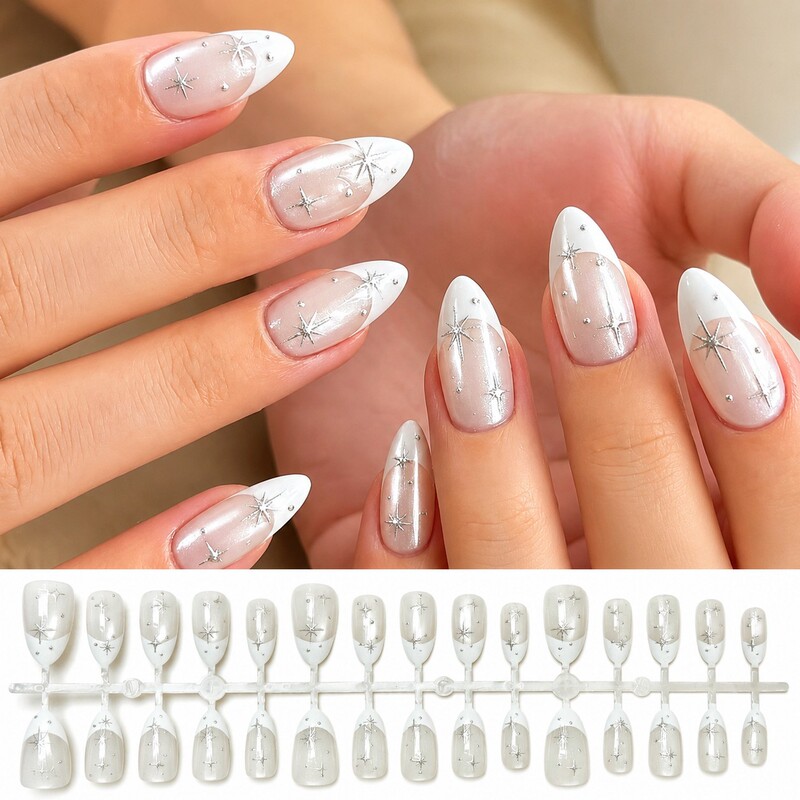 White Moonlight Silver Star Cat Eye Wearable Nails 30 Pieces Pre-Made Nail Strips Manicure False Nails Nail Pieces Factory Nail Pieces Nails