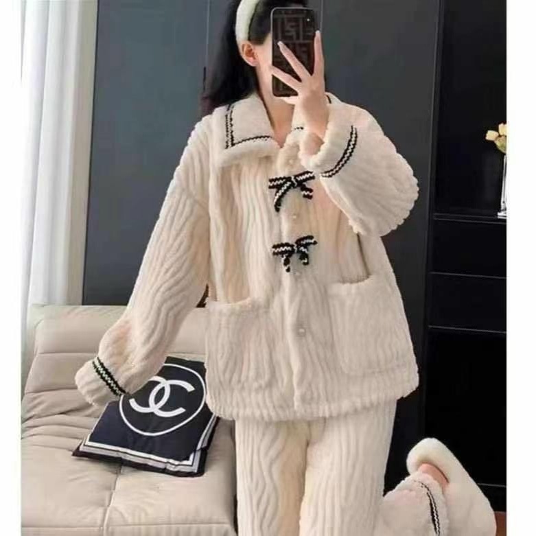 Pajamas for Women in Autumn and Winter New Style Thickeneded and Velvet Sweet Bow Flannel Home Clothes Coral Velvet Thermal Clothing Set