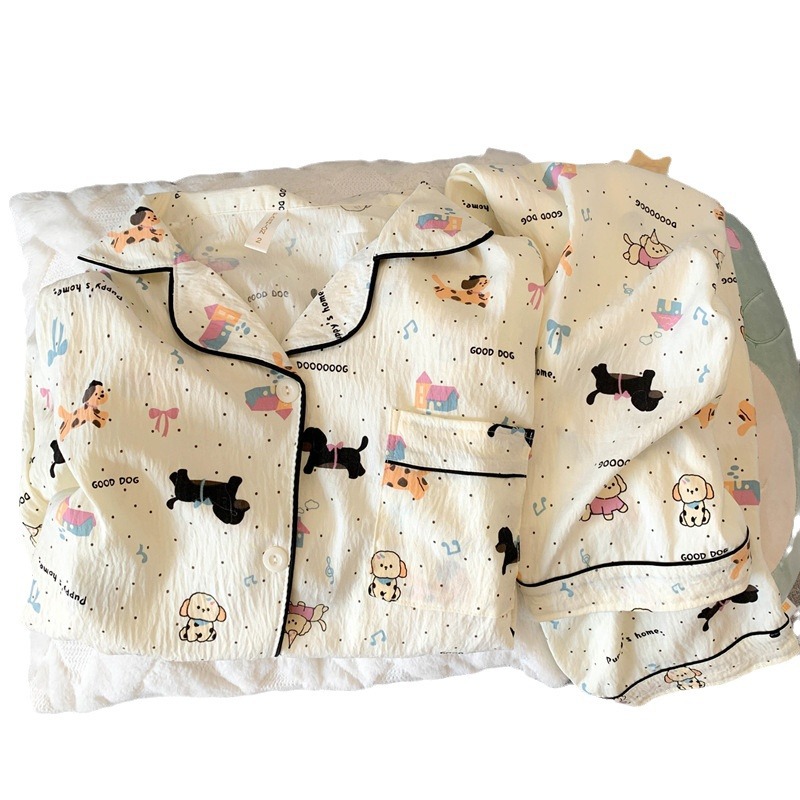 2025年新作 レディースパジャマ 春秋 クラウドコットンガーゼ 長袖長ズボン 日本風ins風 小犬柄 ホームウェア 夏