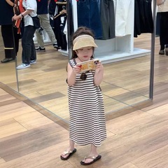 童裝女童連衣裙2024夏裝針織灰色條紋長款背心裙時髦洋氣公主裙