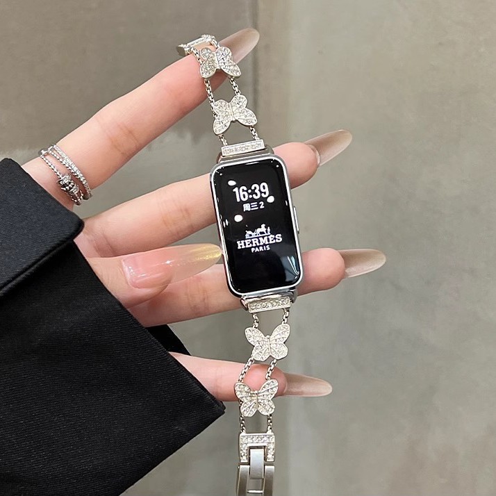 For Huawei Bracelet 10 Watch Band Metal Women's Butterfly Chain with Diamond Huawei Bracelet 8/9watch Strap