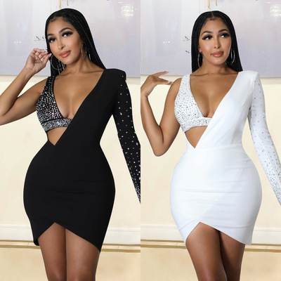 Women sexy fashion white black bling jazz dance dresses solo singers performance bling skirts for female fashion tight one shoulder dress