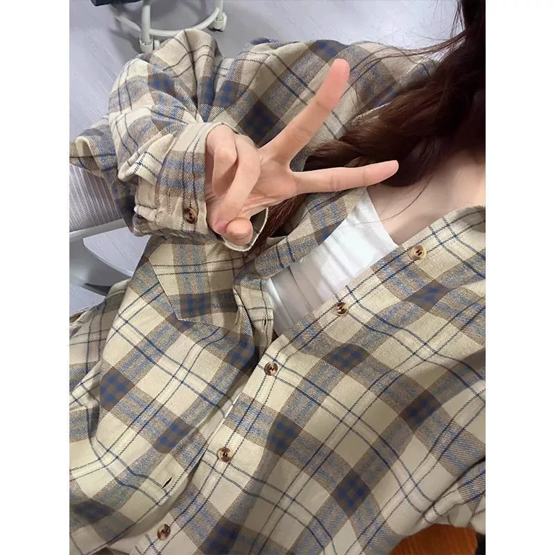 Волосатая клетчатая рубашка с длинными рукавами женская весна 2025 новый стиль носить свободную ленивую рубашку с длинными рукавами