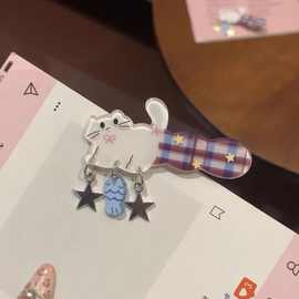 「小猫钓鱼」独特红蓝格纹亚克力猫咪发夹蓝色小鱼吊坠发饰侧边夹