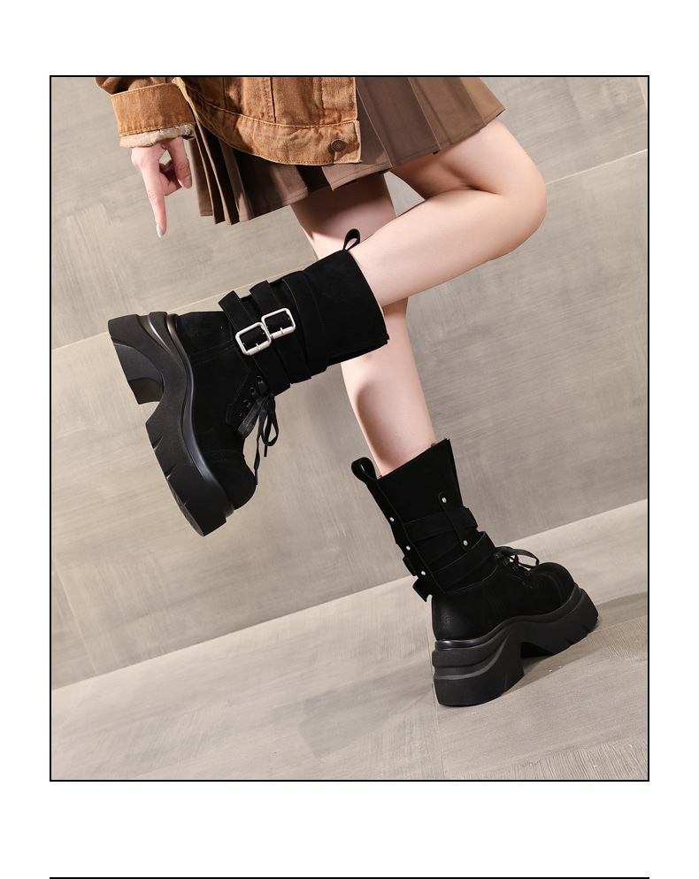 Giày boot nữ đế dày nâng chiều cao phong cách retro, khóa thắt lưng — đen chi tiết 14
