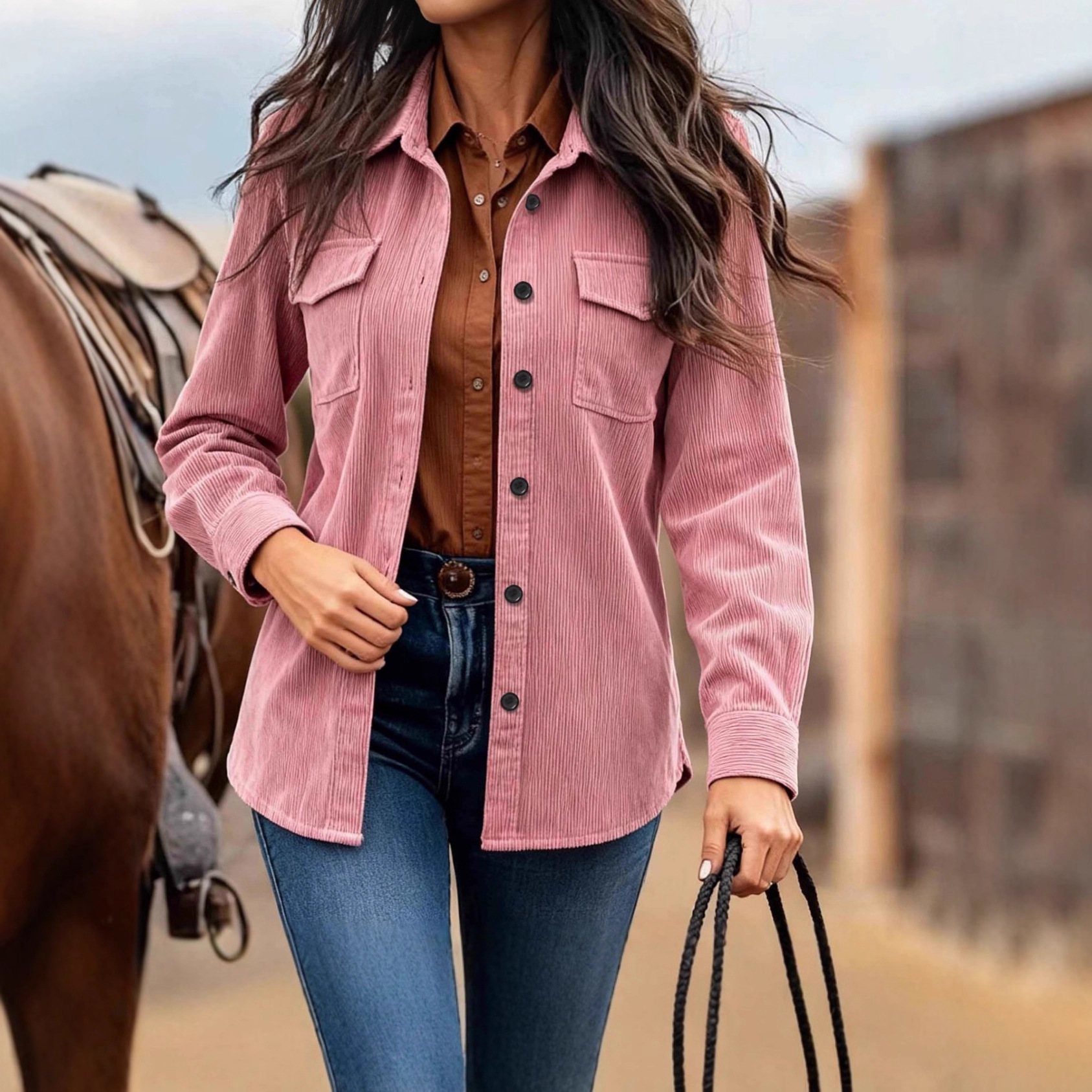 亚马逊秋冬新款跨境欧美独立站秋冬复古西部风灯芯绒衬衫夹克外套