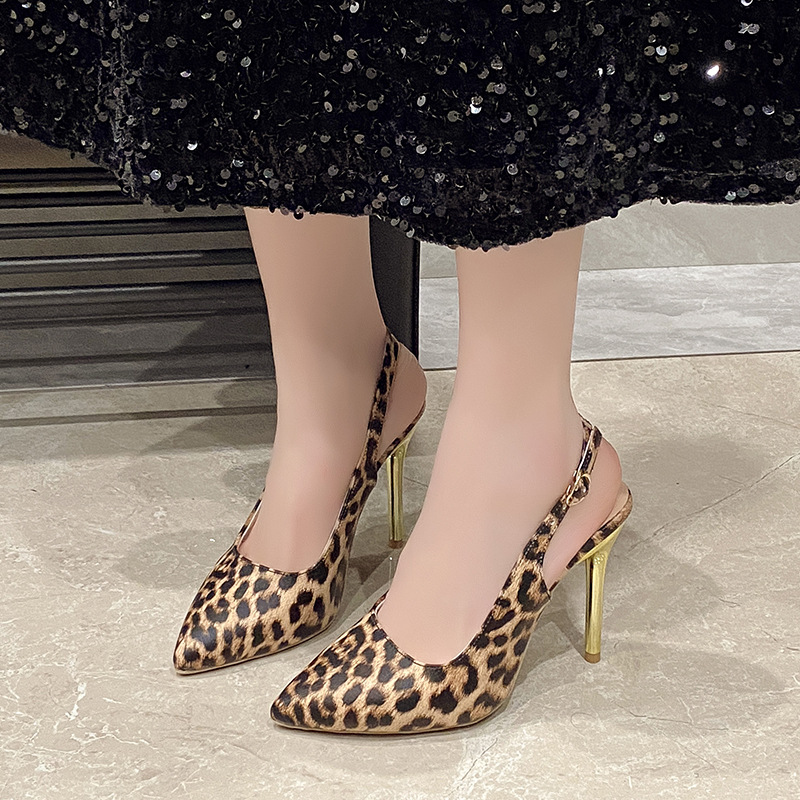 Fashionable sexy high heels, shoes for events, summer 2025, European style, leopard print, closed toe, open heel