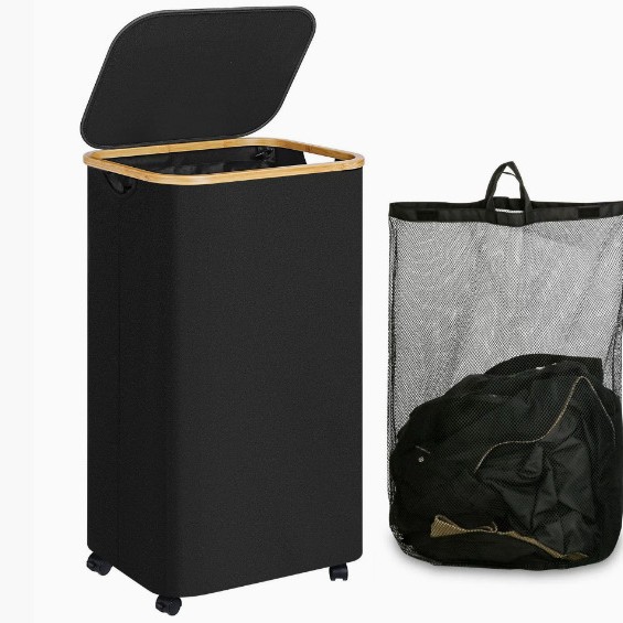 Cesta transfronteriza de artículos diversos y ropa sucia con tapa, cesta de almacenamiento de tela Oxford de bambú reciclada plegable, hogar con bolsa interior, caja de botella