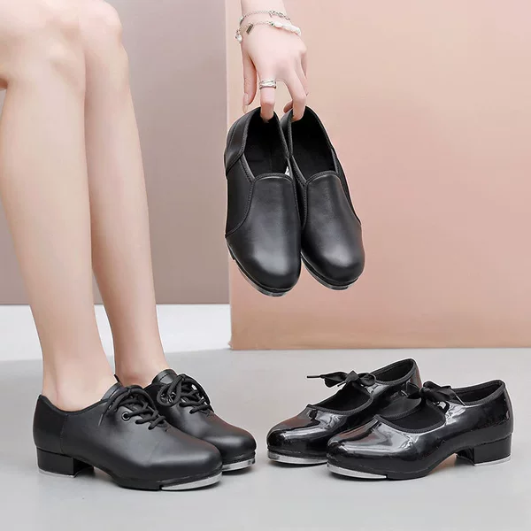 Foreign trade wholesale boys and girls beginners straight bottom tap dance shoes women's black imitation leather soft bottom dance shoes