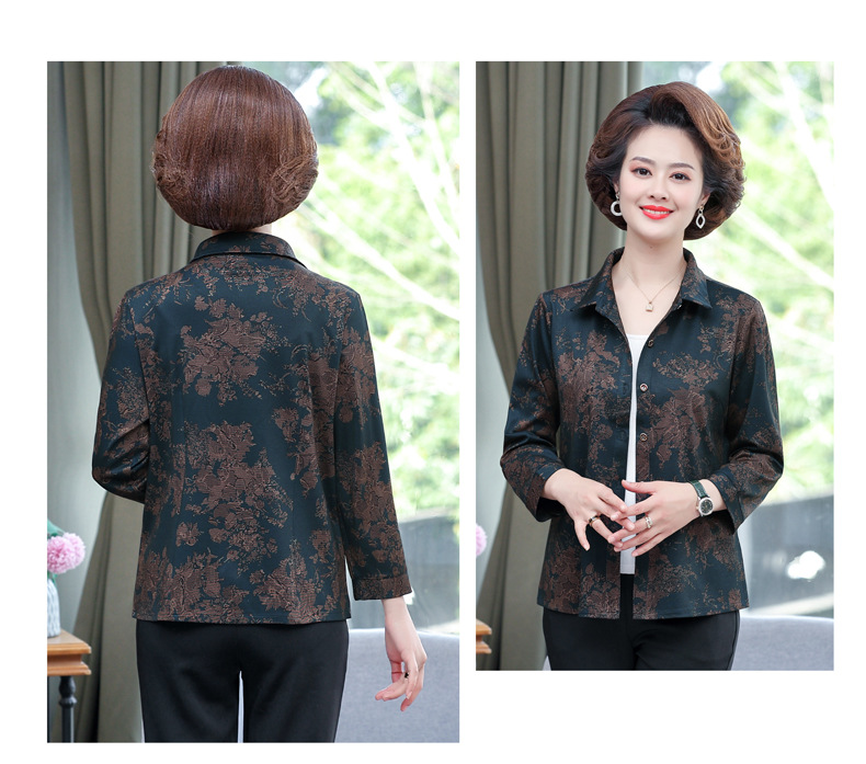 印花女士衬衫长袖妈妈装开衫