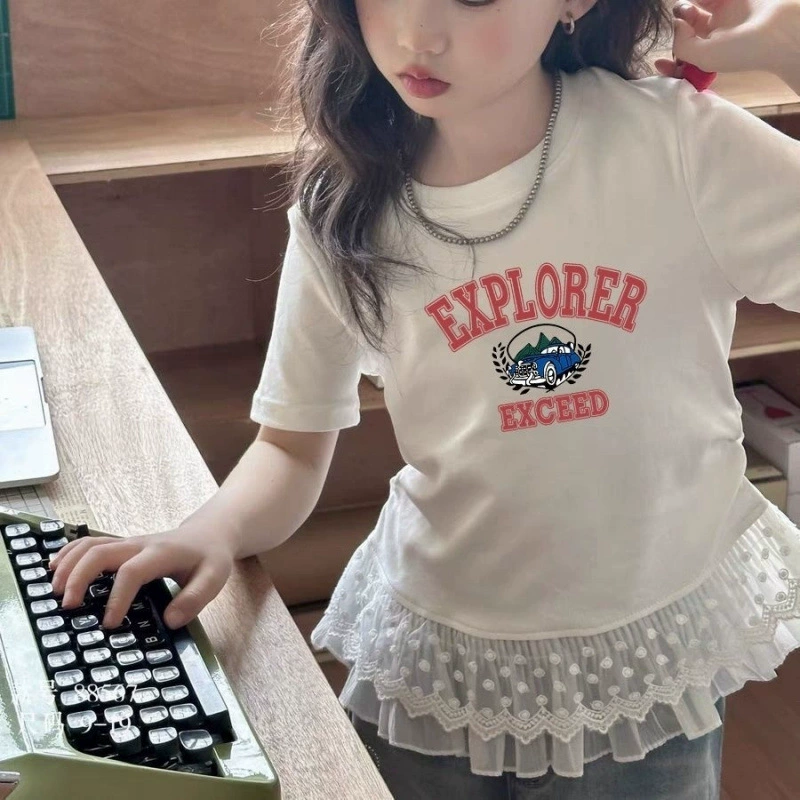 Летний белый кружевной топ для отдыха, детская одежда, для подростков, с коротким рукавом, кружевное платье