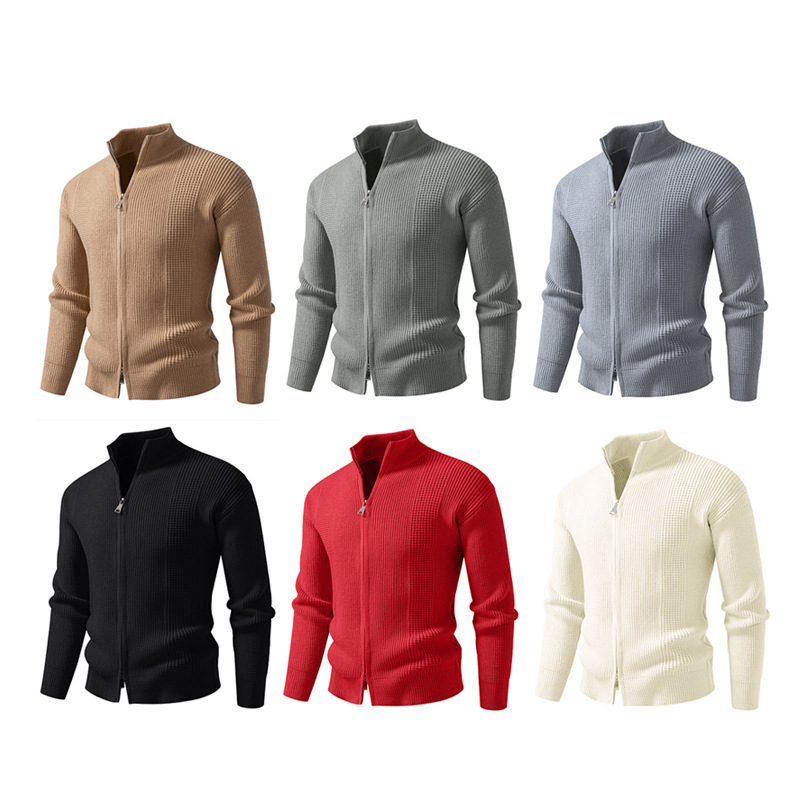 Amazon 2025 New Autumn and Winter Men's Pure Color High Collar Double Zipper Cardigan Knitwear Knitwear Jacket Men's Wholesale