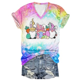 Amazon Vertical Station Cross-border Spring and Summer New Women's V-neck Leopard Tie-dye Easter Bunny Printed T-shirt Wholesale