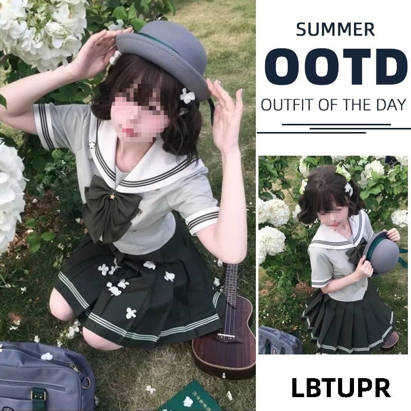 Japanese Jk Uniform Summer Matcha Waist-Cinching Sailor Suit Navy Collar Top Pleated Skirt Set for Women