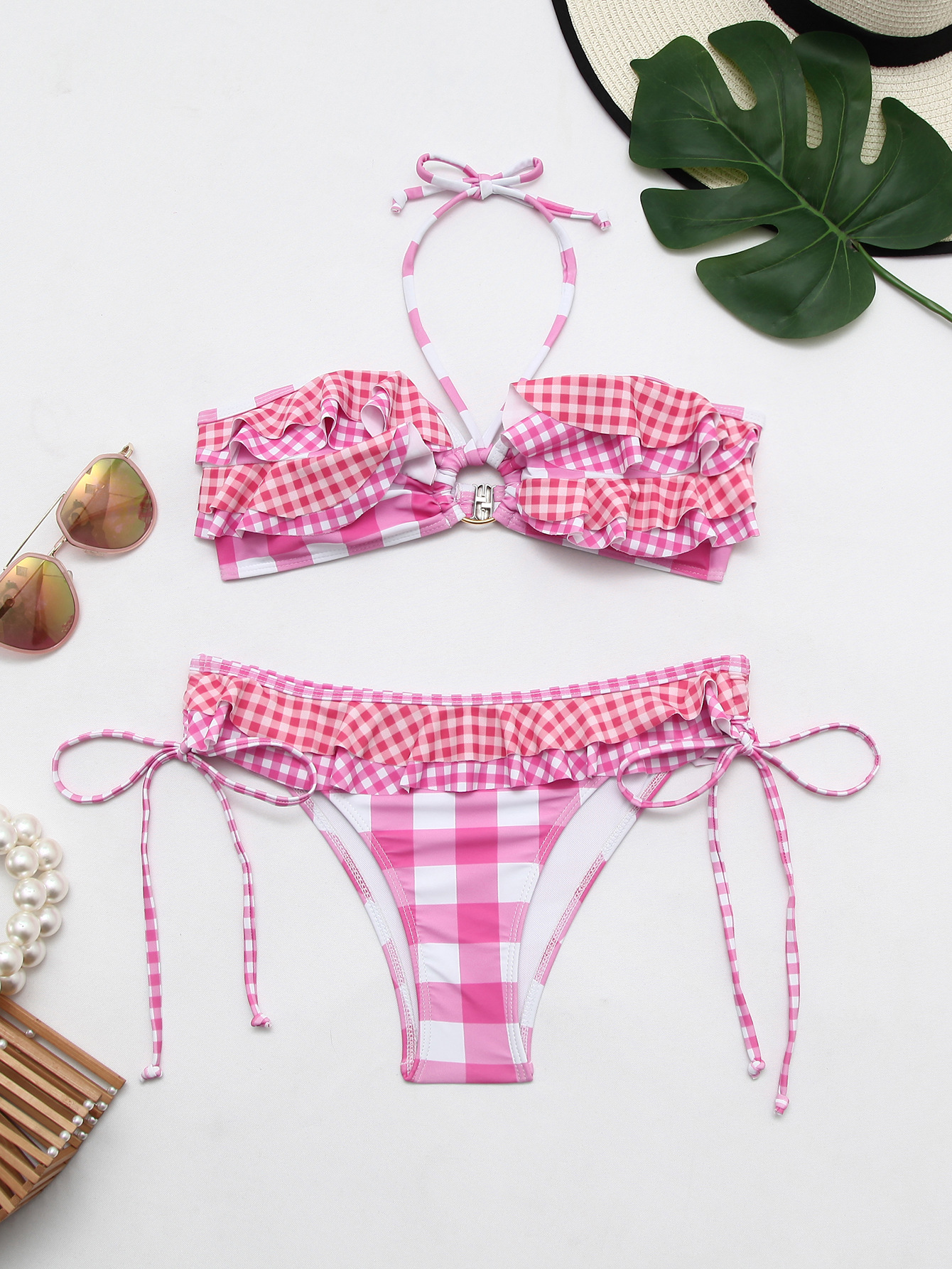 GraceChic European And American Hot-Selling New Swimsuit For Women, High-End Pink Plaid Sexy Bikini, Hollow Two-Piece Set Beach_voghion.com