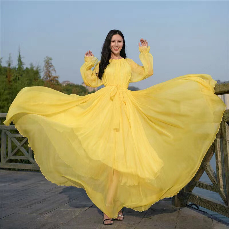 Chiffon Dress Summer Sanya Large Size Extra Long Travel Dress Beach Dress Super Fairy Long Dress Thailand Seaside Vacation Dress