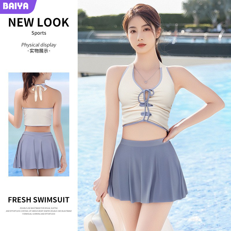 Traje de baño para mujer verano nuevo traje dividido de dos piezas falda conservadora que cubre el vientre y se ve delgado traje de baño de aguas termales con cuello halter sexy al por mayor