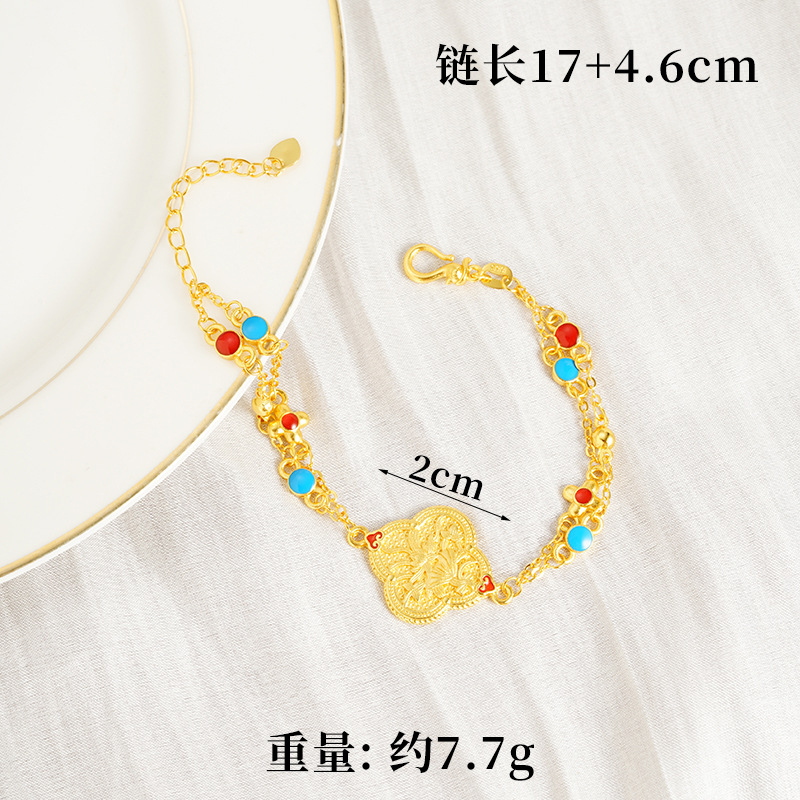 Nueva pulsera de oro de arena china, esmalte, collar de flores de cuatro hojas