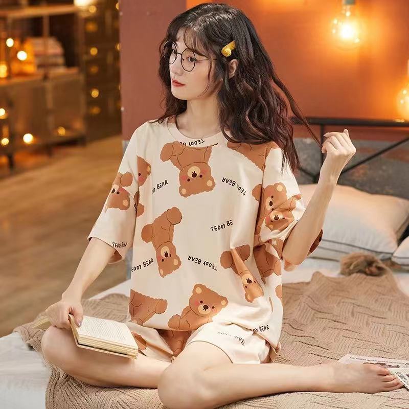 Pijamas de verano de las mujeres más el tamaño ins moda lindo pantalones cortos de manga corta estudiante de verano Delgado desgaste del hogar traje de dos piezas