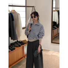 小个子撞色条纹拉链翻领厚套头毛衣女秋冬慵懒高级感针织衫上衣