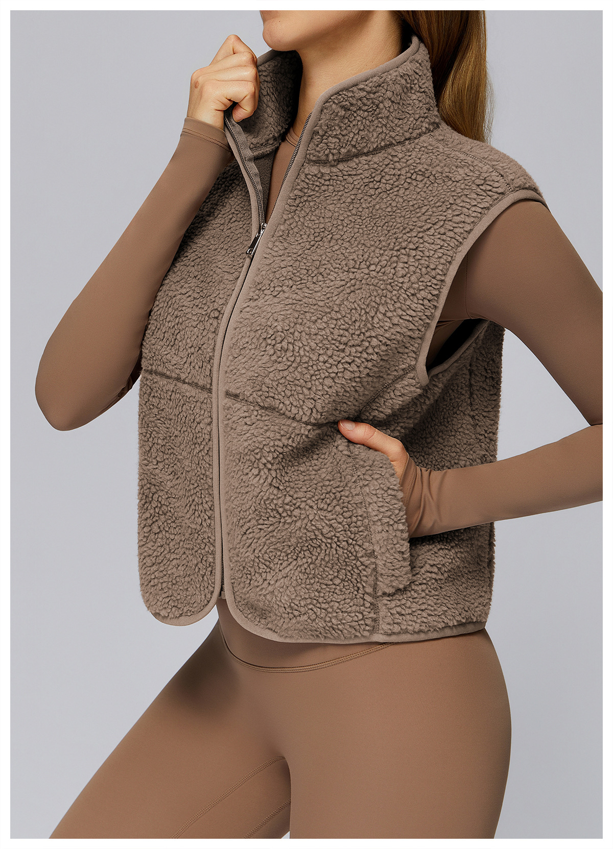 Herbst/Winter Stehkragen Fleecegefütterte ärmellose Sportweste mit Reißverschluss, Outdoor-Lauf-Fitness-Top 9500_voghion.com