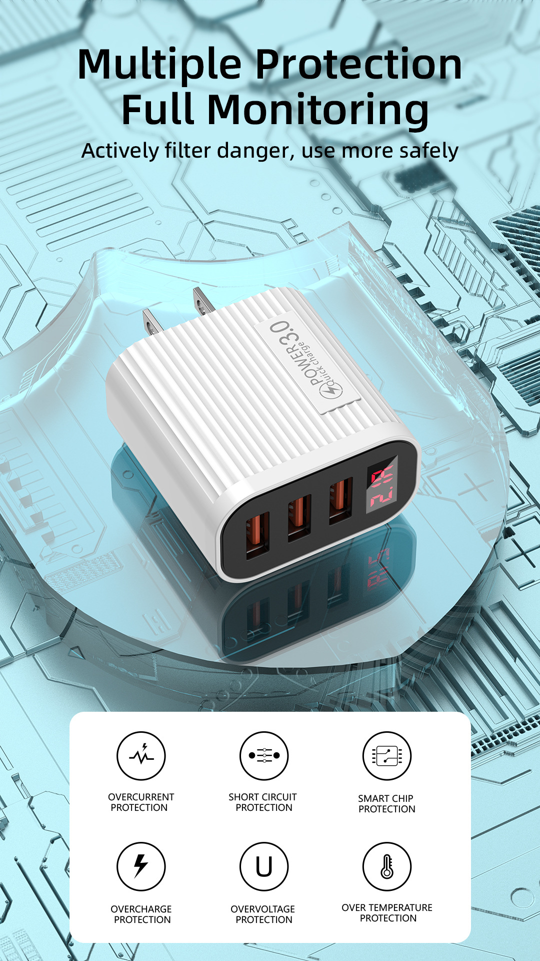 3USB Digital Phone Charger Multi port Display European American Standard Fast Charging Head Suitable for Apple and_voghion.com