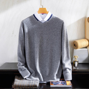 Pure Mountain Cashmere Sweater Men's V-Neck Autumn and Winter Knitted Base Casual Loose Collar Spliced Color Cashmere Sweater for Men