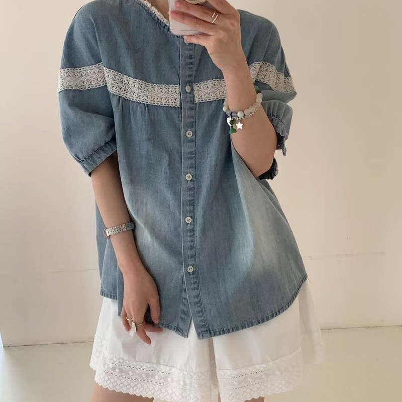 26 Summer Style Short-Sleeved Denim Shirt for Women, Lace Trim Patchwork New Thin Blouse, College Style Top