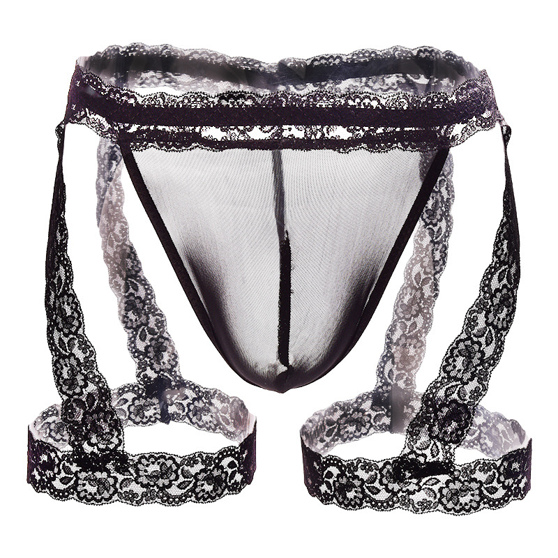 Lace Trimmed Thong Men's Sexy Underwear Transparent Mesh T-Pants Leg Binding Style See-Through Shorts_voghion.com