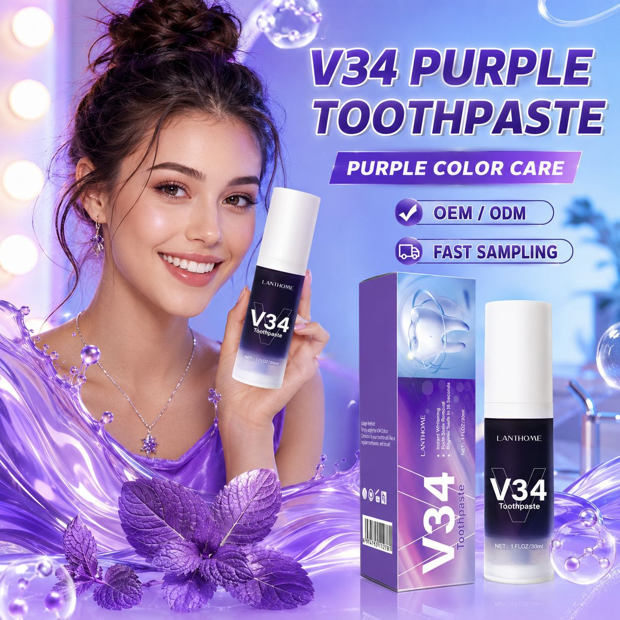 Cross-border best-selling V34 purple cleaning toothpaste, gentle cleaning of dental plaque, teeth care, oral hygiene toothpaste wholesale